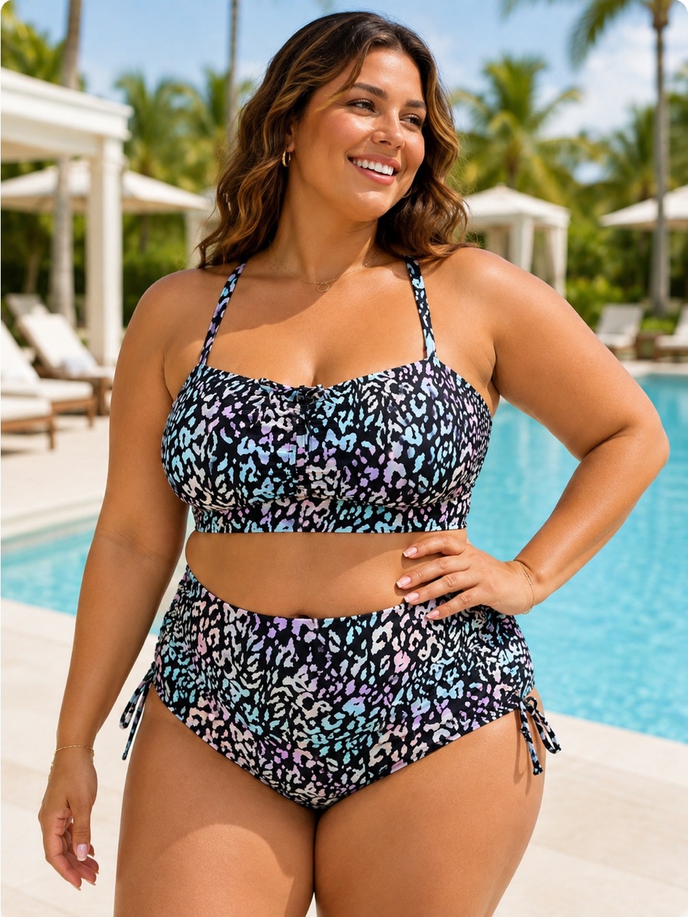 Torrid Mixed Size Bikini Set Rainbow Leopard Top Sz 3 Ruched High Rise Sz 1
